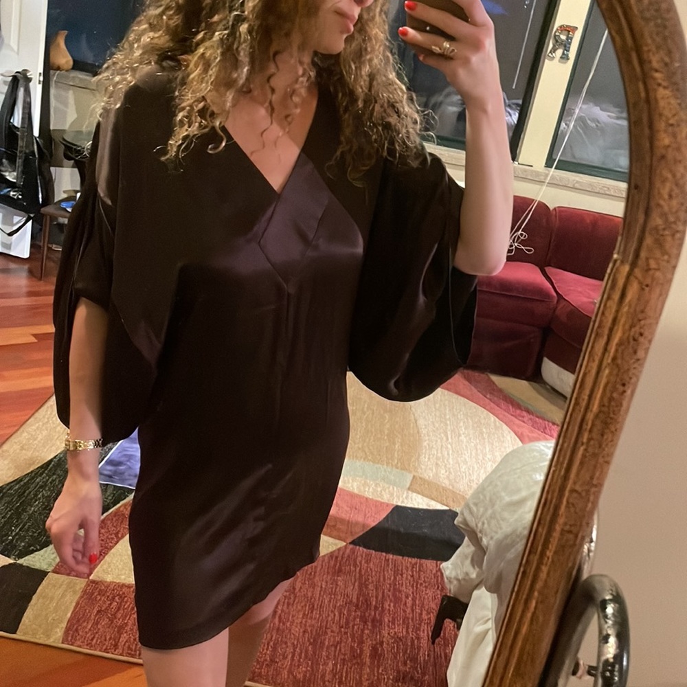 BCBG Chocolate Brown Silk Kimono Dress Small